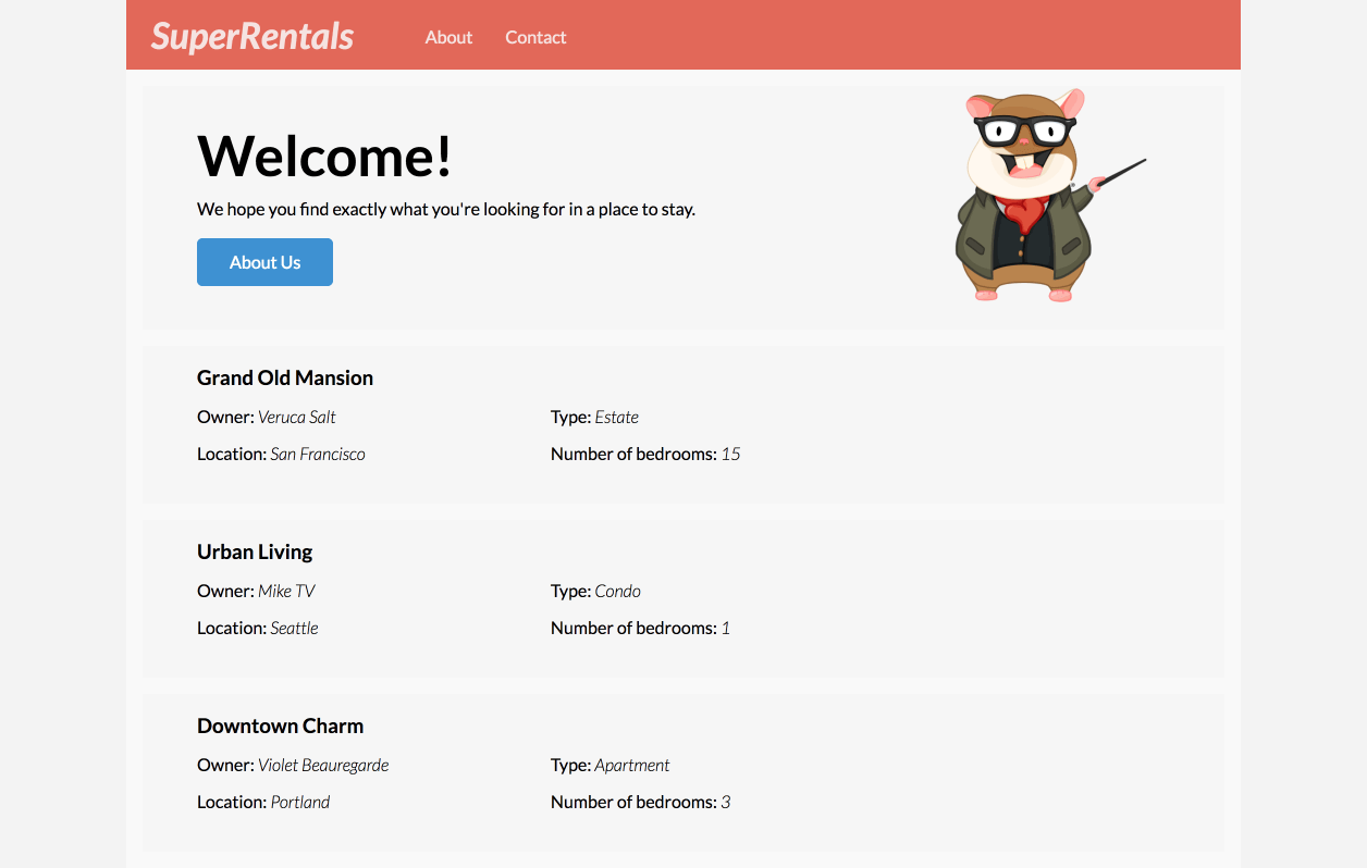 super rentals styled homepage