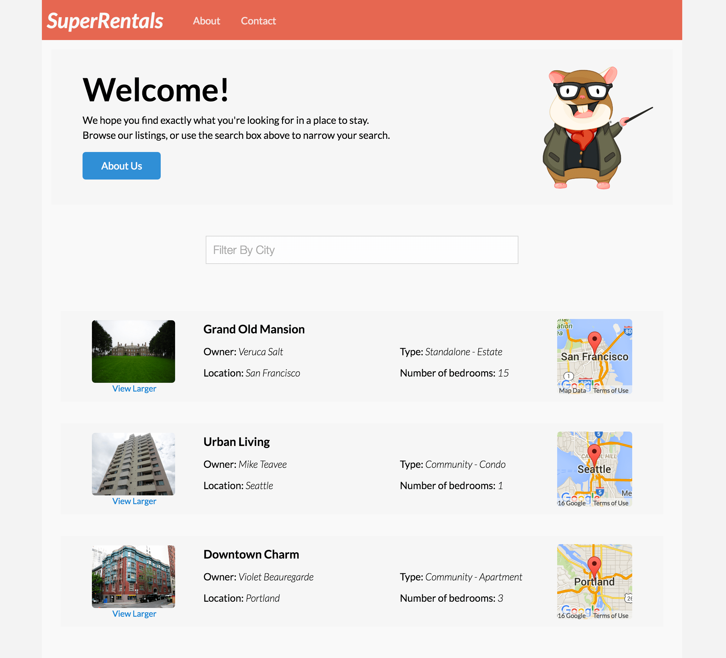 super rentals homepage with maps